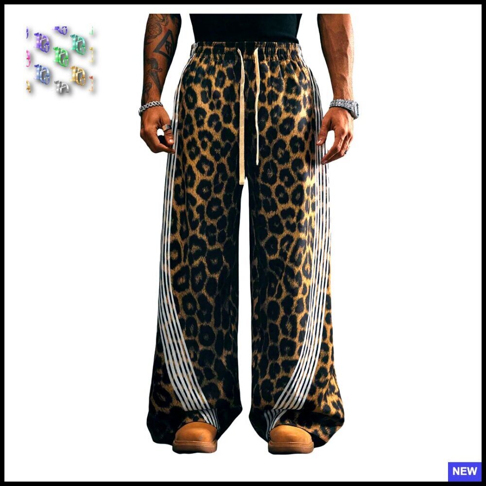 Men's Cheetah Print Baggy Pants Wide Leg Y2K Retro Casual Trousers